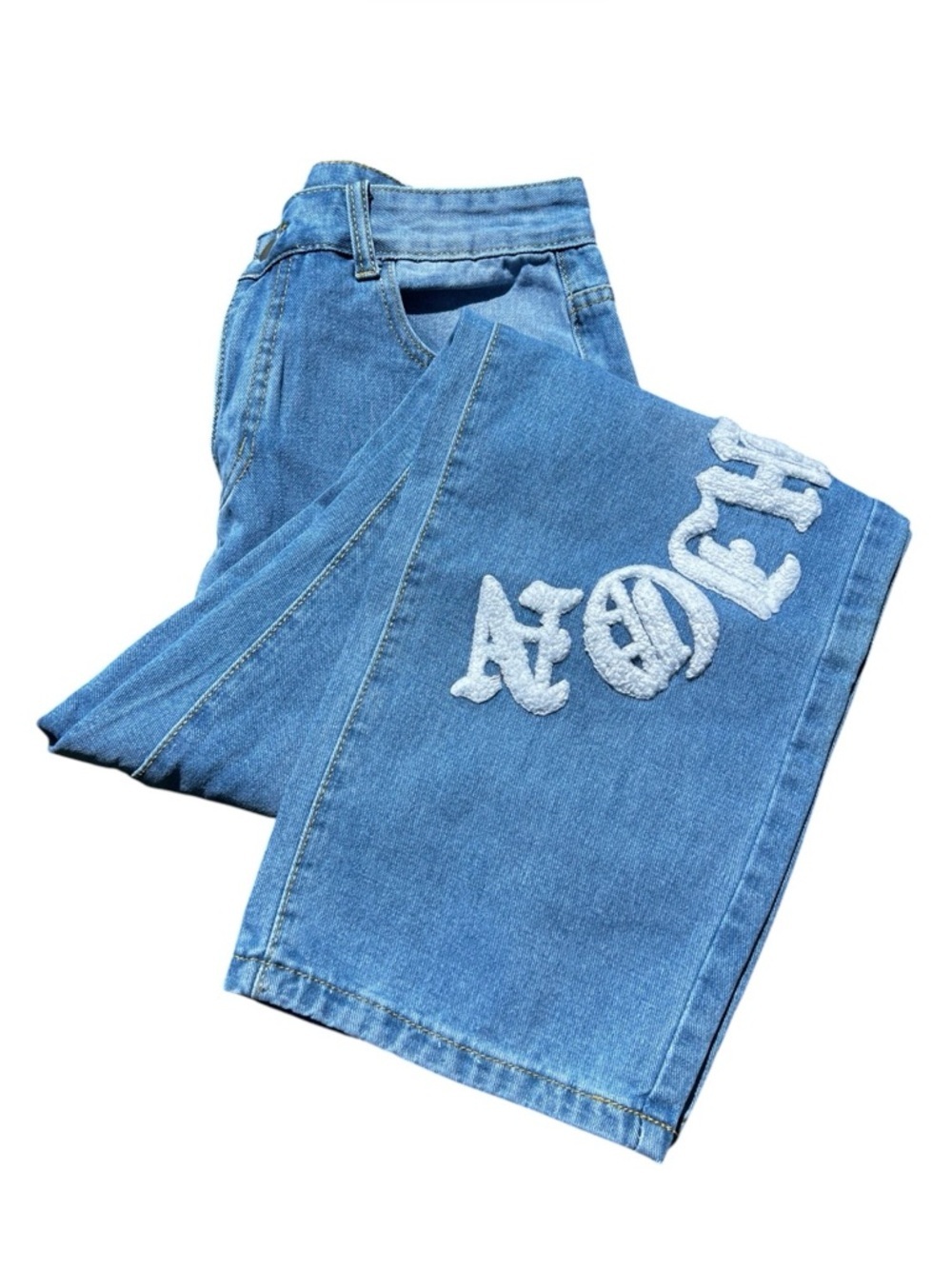 Men's Straight-Leg Blue Denim Jeans with White Graphic Script - Picture 10 of 15